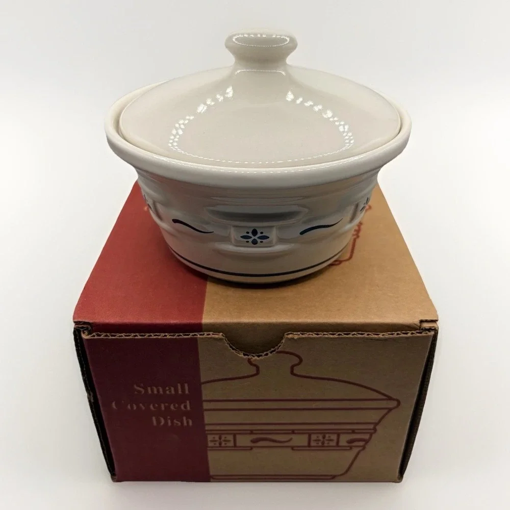 Longaberger Woven Traditions Pottery Classic Blue Small Covered Dish New in‎ Box